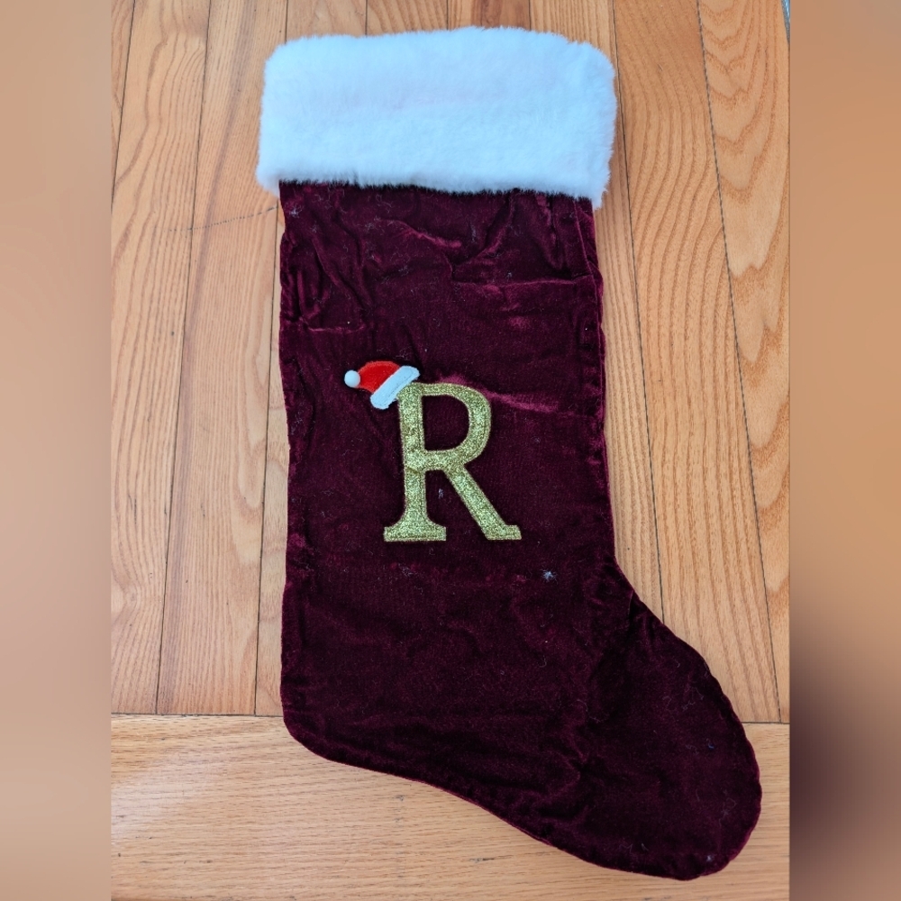Burgundy Christmas Stocking with Gold Letter R